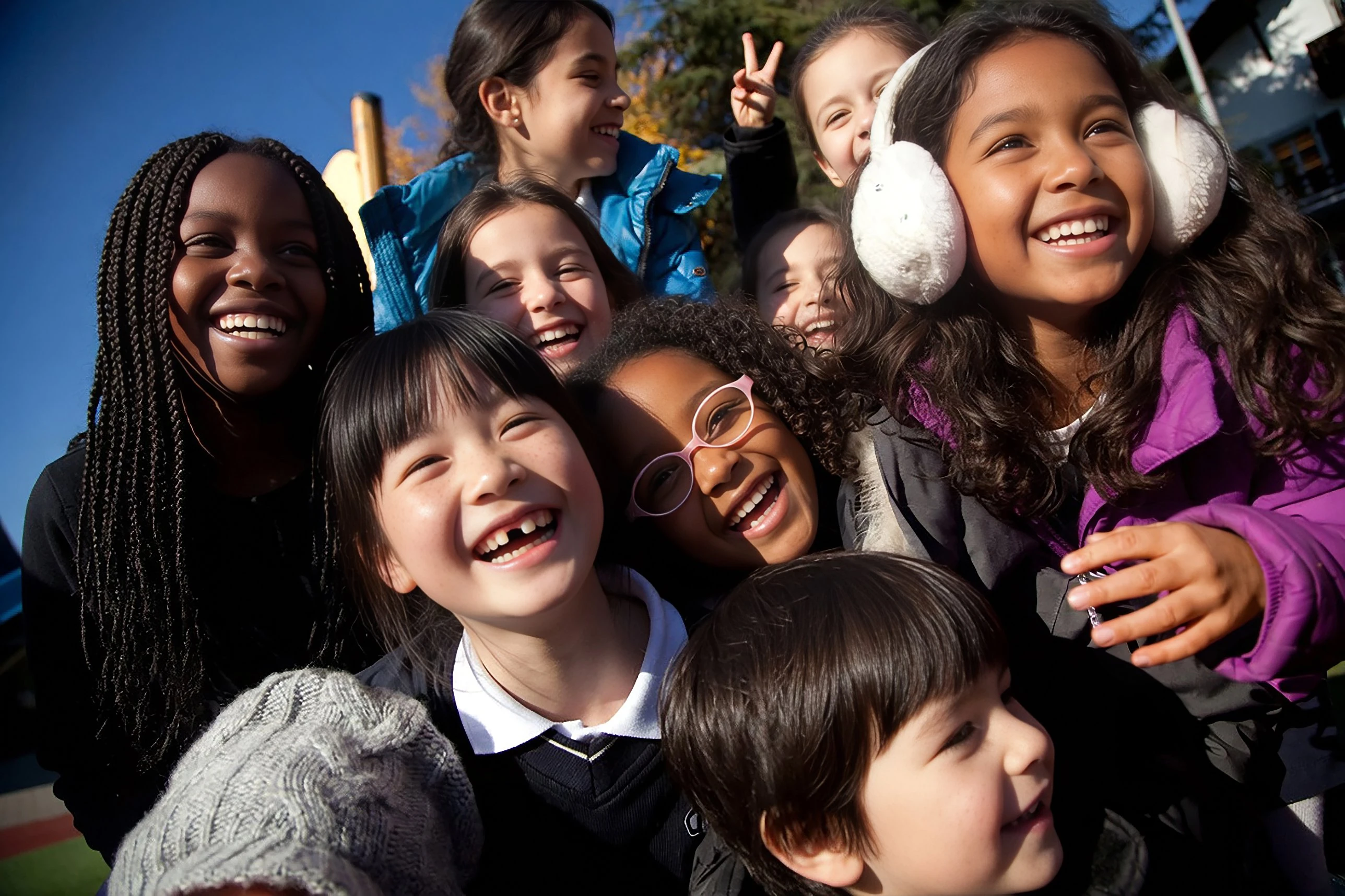 A group of students laughing together in the playground on a sunny day